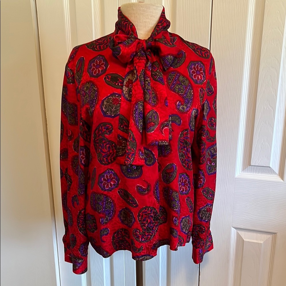Doncaster Vintage 100% Silk Long Sleeve Front Tie Button Down Blouse Size 6